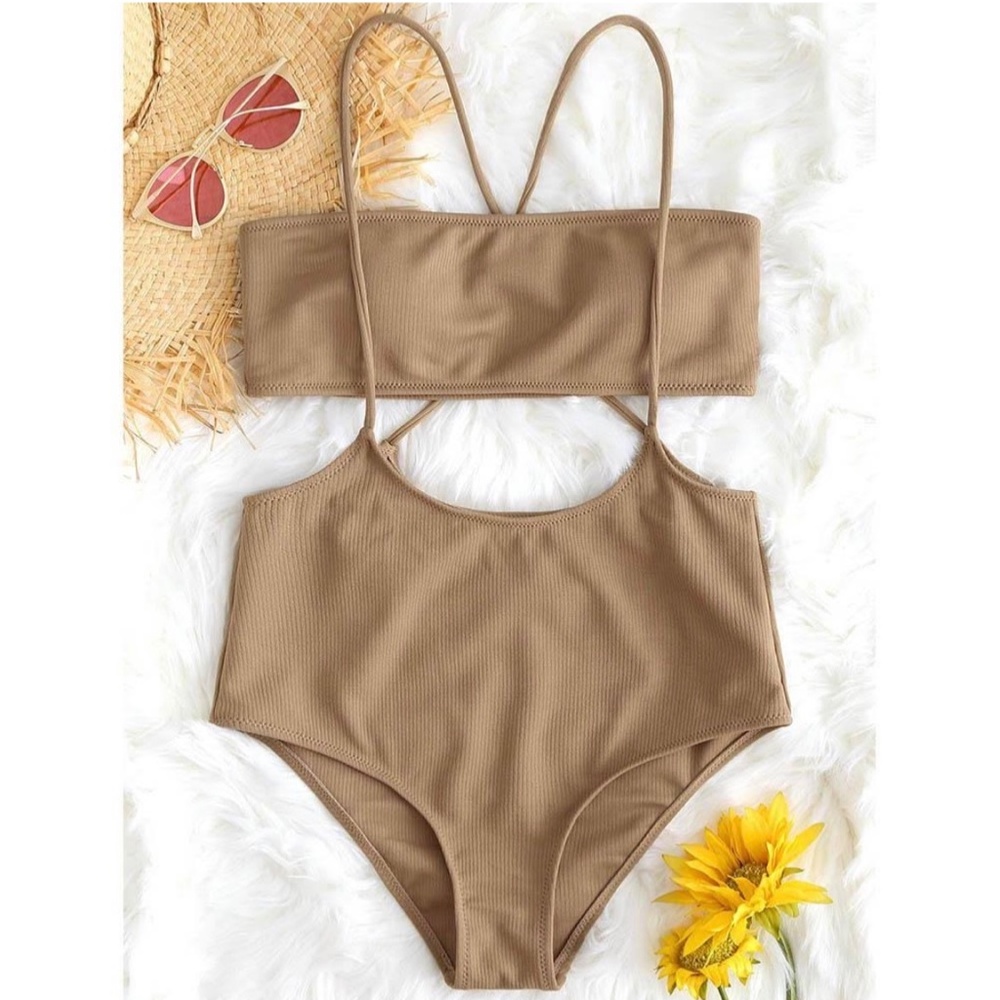 Zaful High Waisted Overall Bandeau Top Tan Bikini